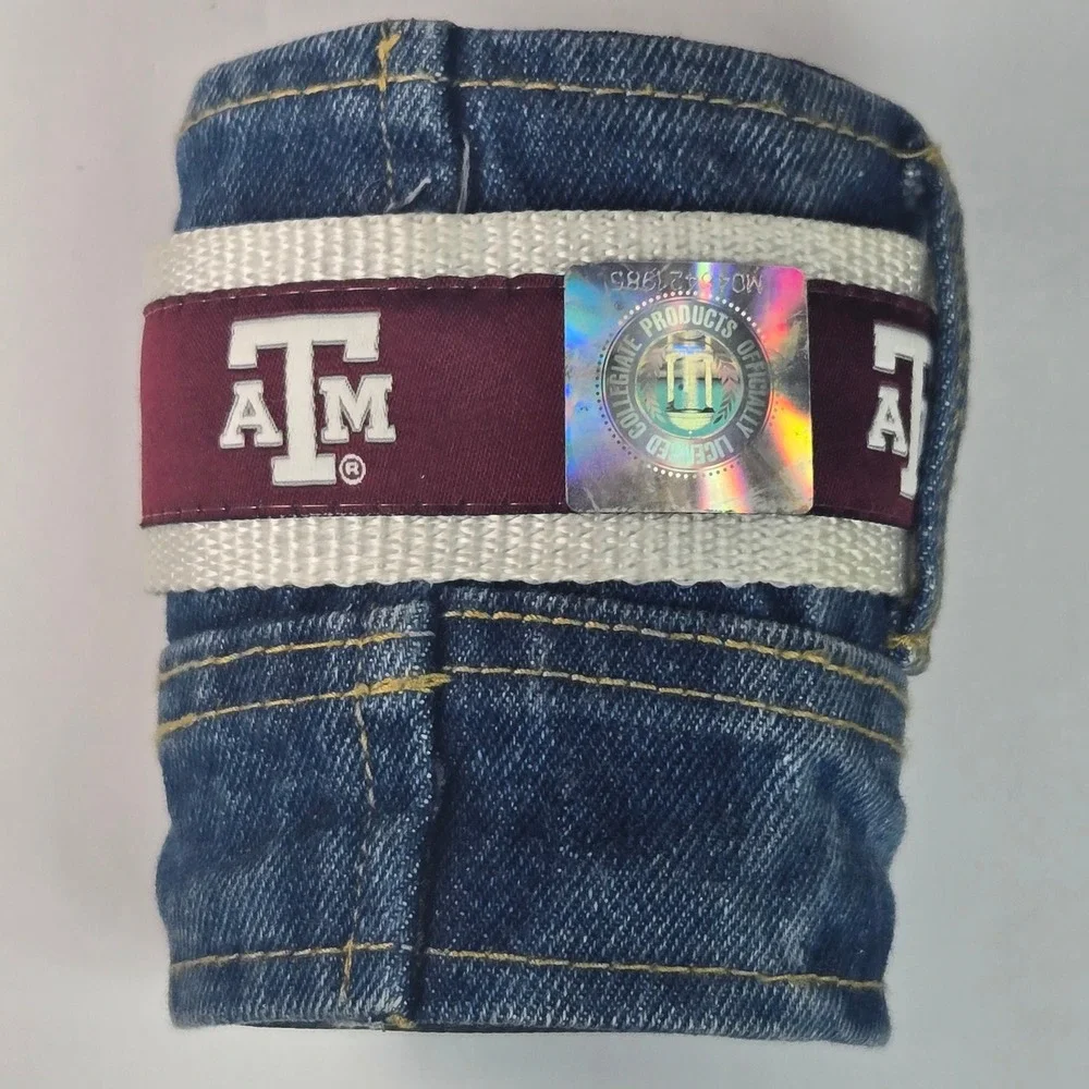 Texas A&M Aggies Denim Can Cooler Insulator Sleeve Blue Maroon ATM Logo